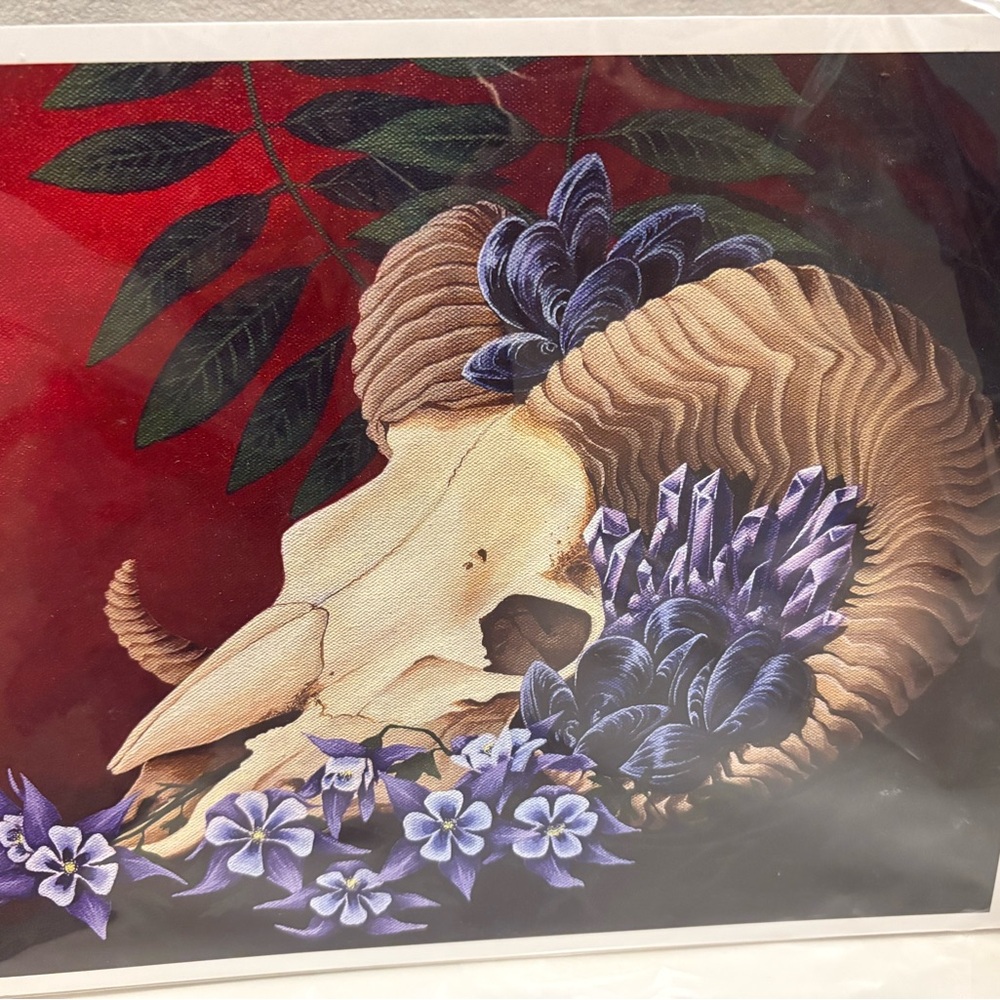 Floral Skull Art Print with Red and Purple Accents